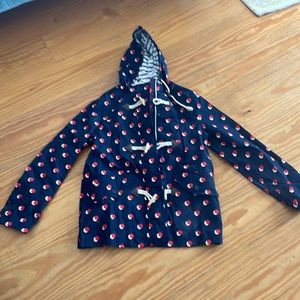 Boden polka dot rain coat toggles striped lining size 4 navy blue red